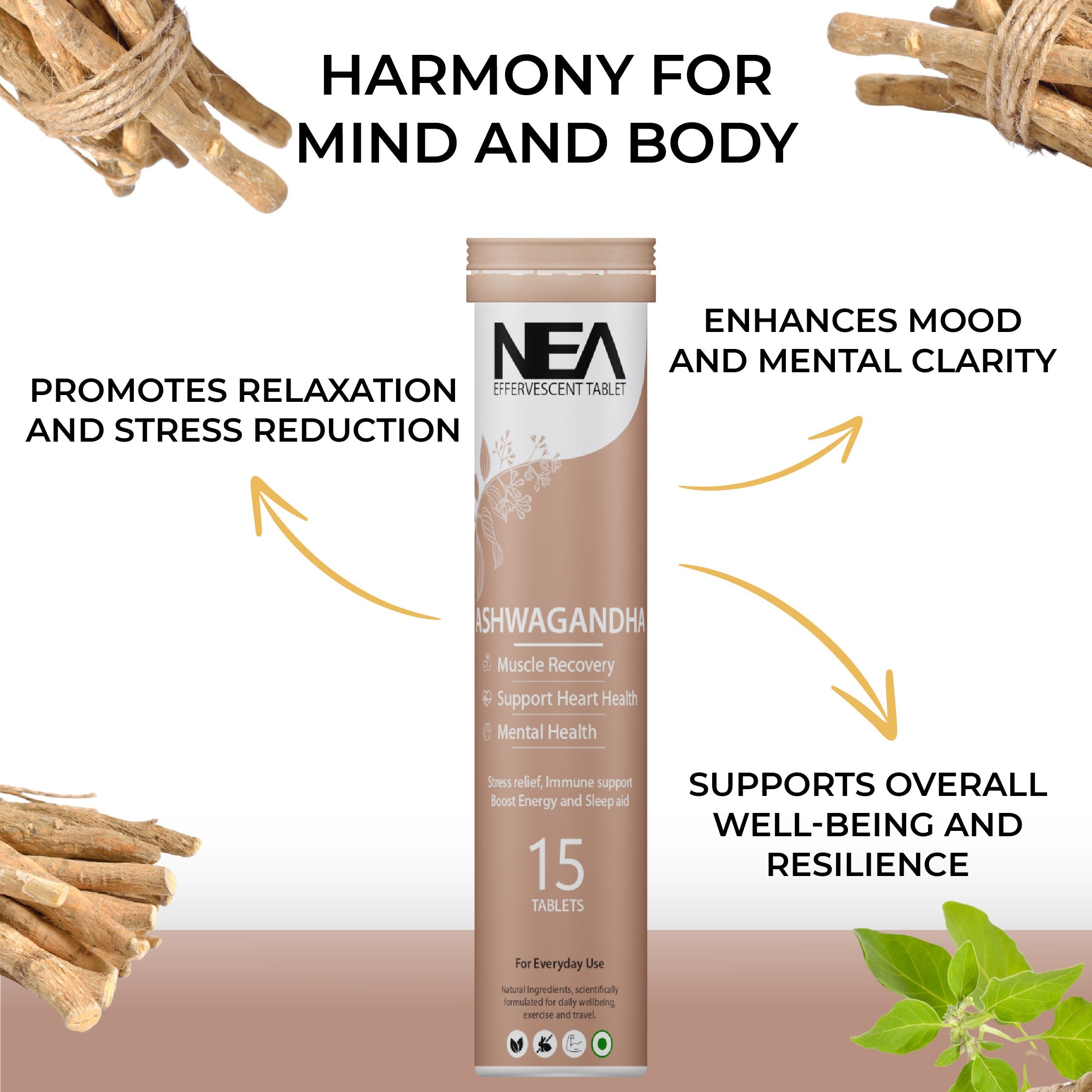 Nea Ayurvedic Ashwagandha Effervescent Tablets | Stress Relief | Boost Energy & Mind