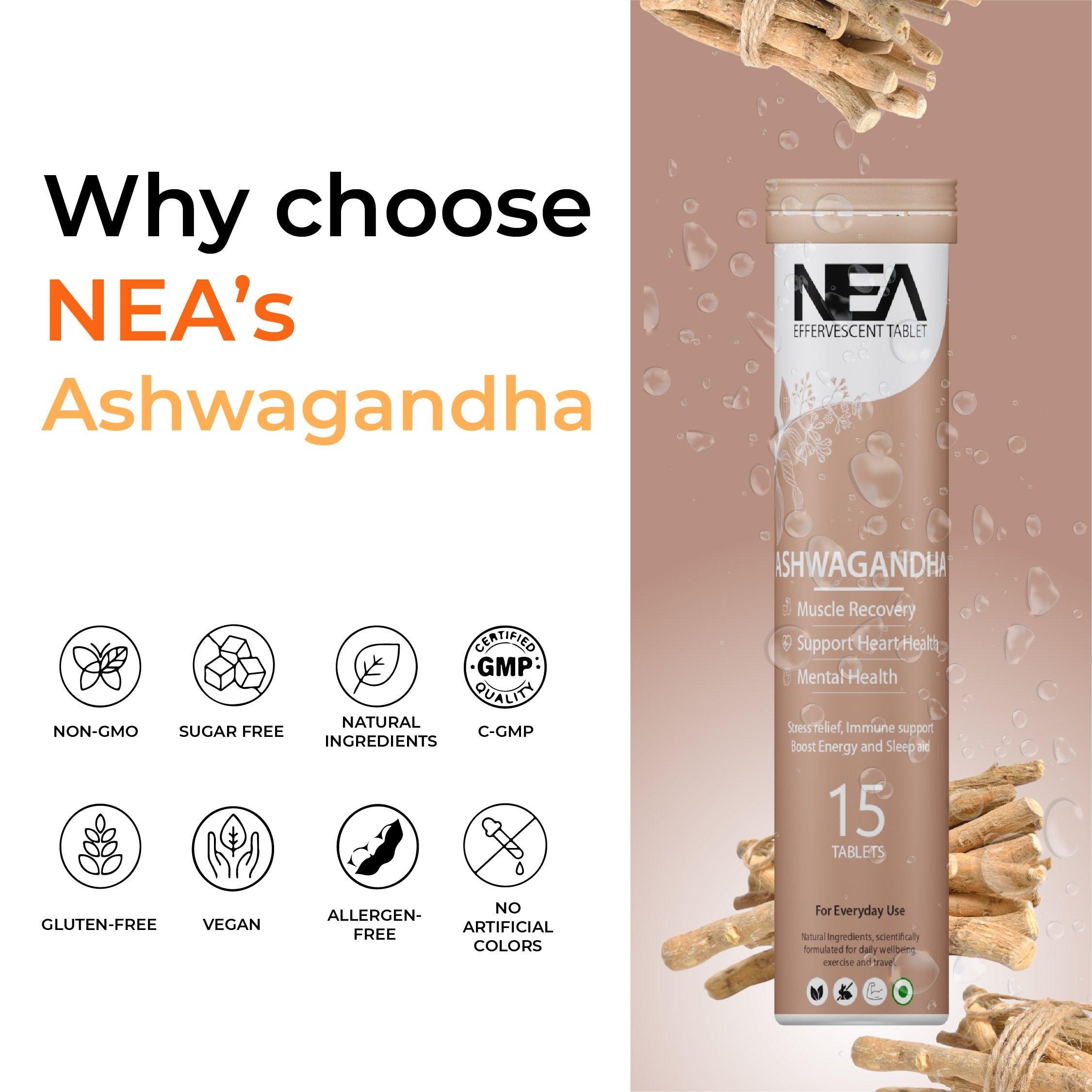 Nea Ayurvedic Ashwagandha Effervescent Tablets | Stress Relief | Boost Energy & Mind