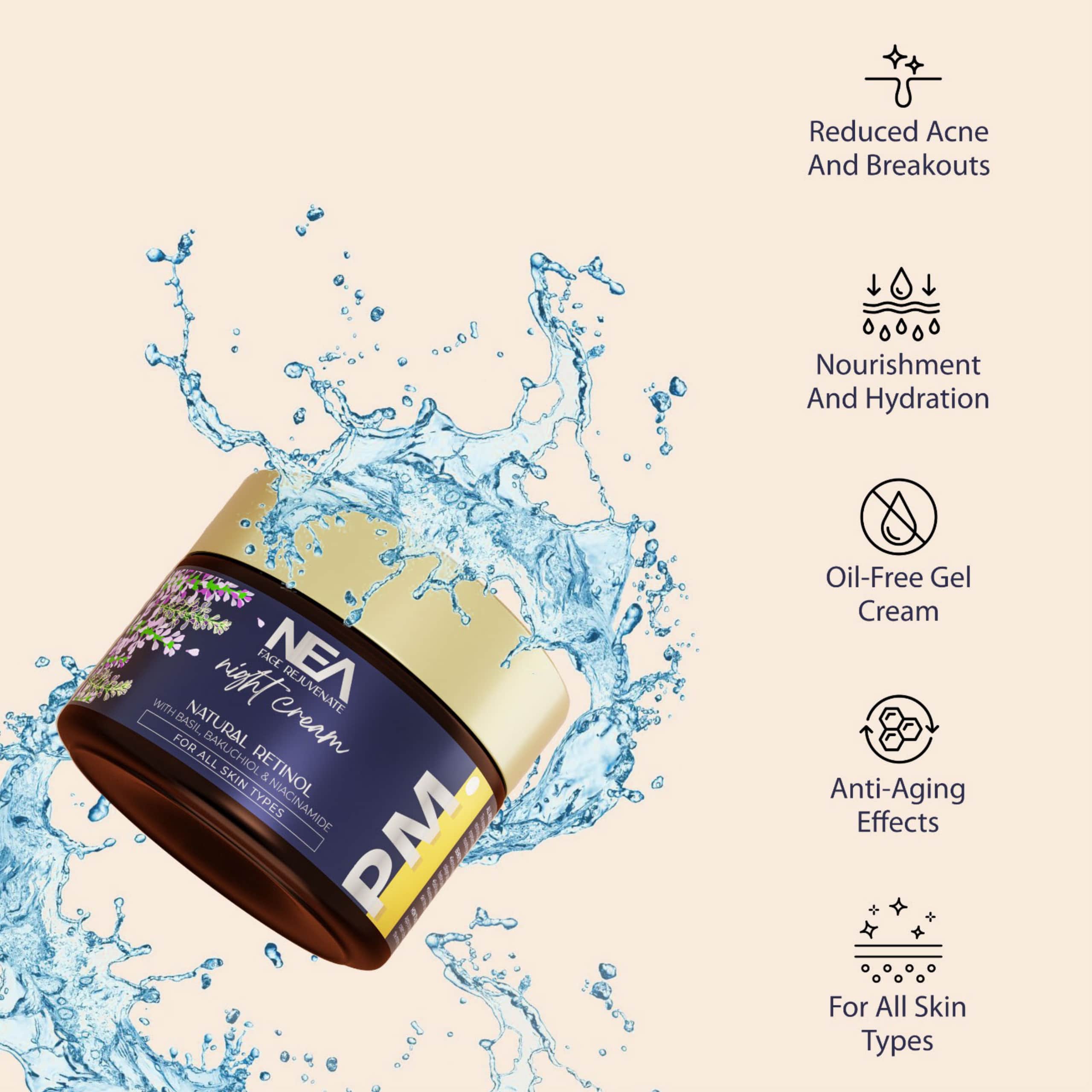 NEA Face Rejuvenate Night Cream: Natural Retinol, Bakuchiol, Niacinamide, and Ayurvedic Basil | Experience Youthful Radiance | 50 Grams