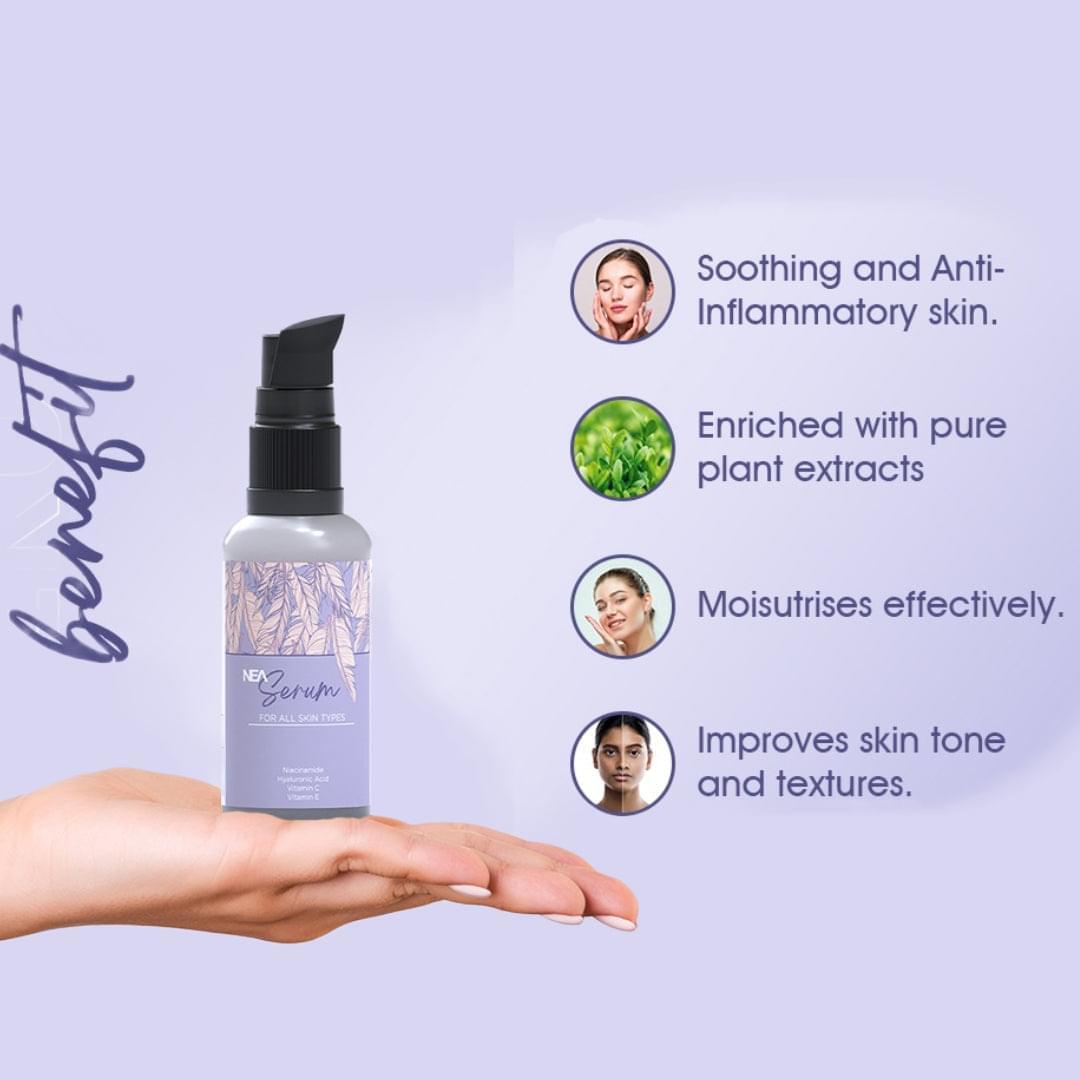 NEA Face Serum with Hyaluronic Acid, Niacinamide, Vitamin C & E | Glow, Anti-Aging & Hydrating | 30ml