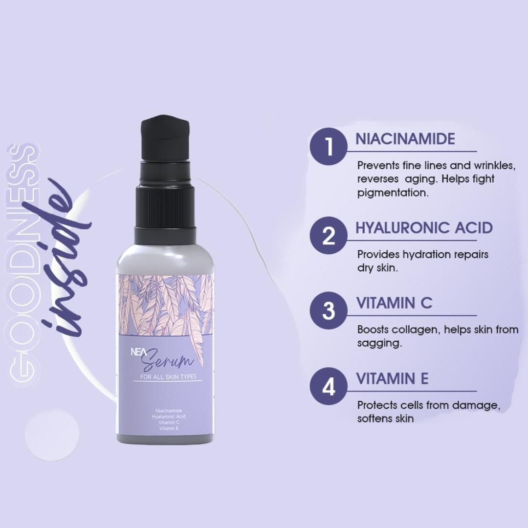 NEA Face Serum with Hyaluronic Acid, Niacinamide, Vitamin C & E | Glow, Anti-Aging & Hydrating | 30ml