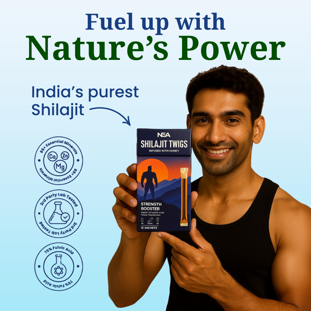 एनईए शिलाजीत ट्वििंग्स - शिलाजीत, सफ़ेद मूसली और गोक्षुरा के साथ ऊर्जा प्रदान करें