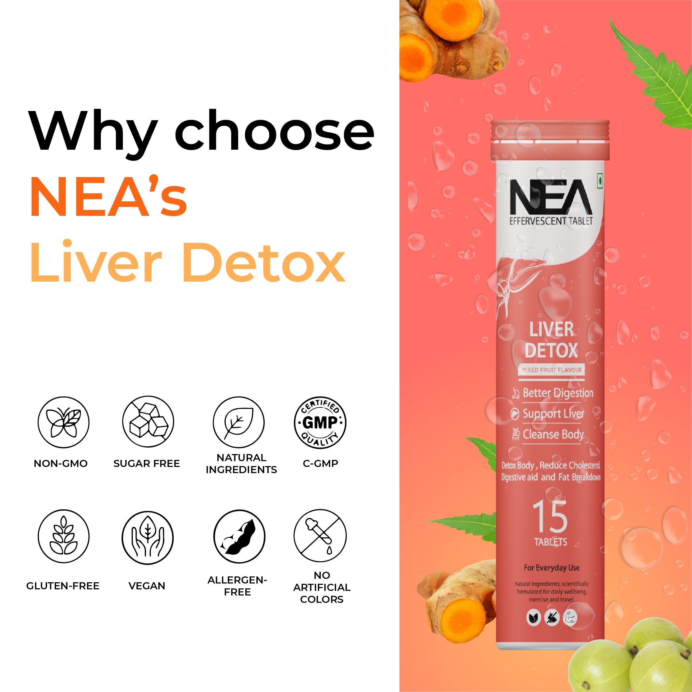 Nea Liver Detox Effervescent Tablets | 10 Super Ayurvedic Herbs | Reduce Cholesterol (15 Tablets)