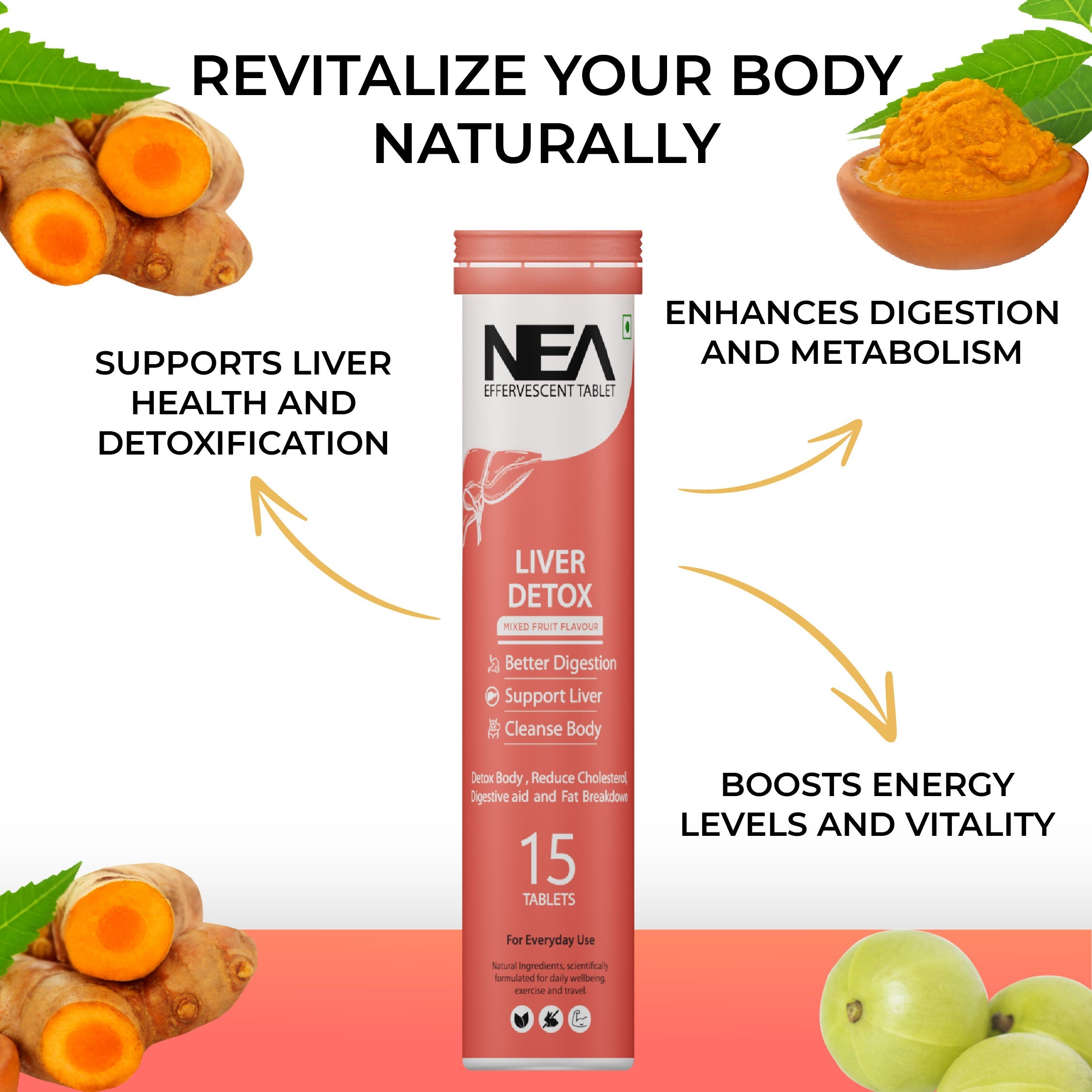 Nea Liver Detox Effervescent Tablets | 10 Super Ayurvedic Herbs | Reduce Cholesterol (15 Tablets)