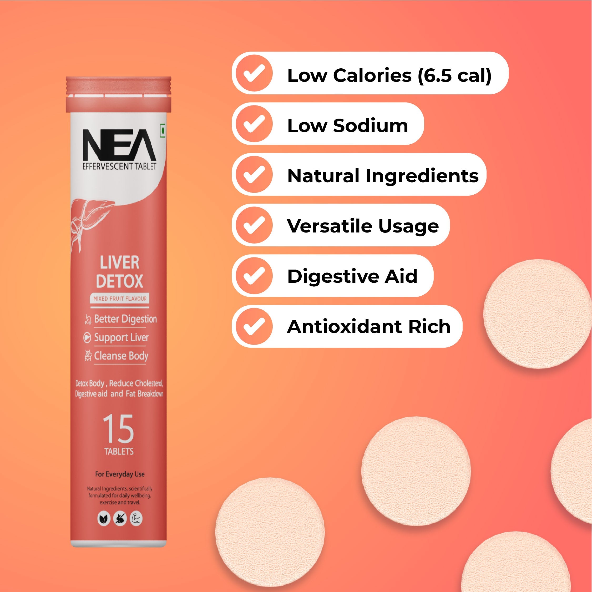 Nea Liver Detox Effervescent Tablets | 10 Super Ayurvedic Herbs | Reduce Cholesterol (15 Tablets)