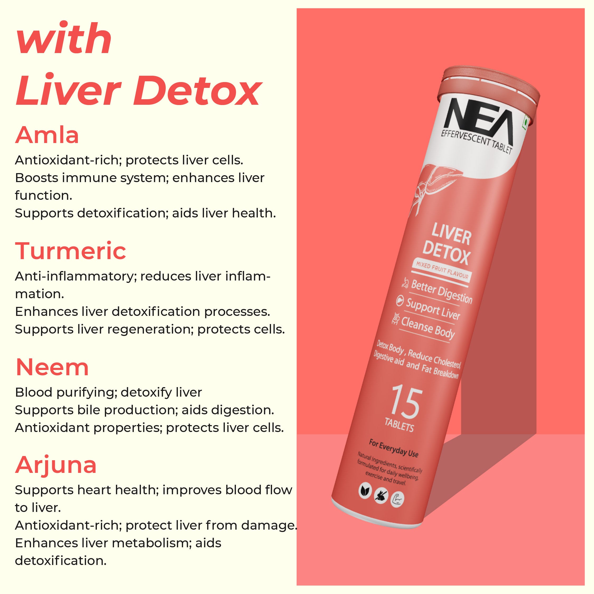 Nea Liver Detox Effervescent Tablets | 10 Super Ayurvedic Herbs | Reduce Cholesterol (15 Tablets)