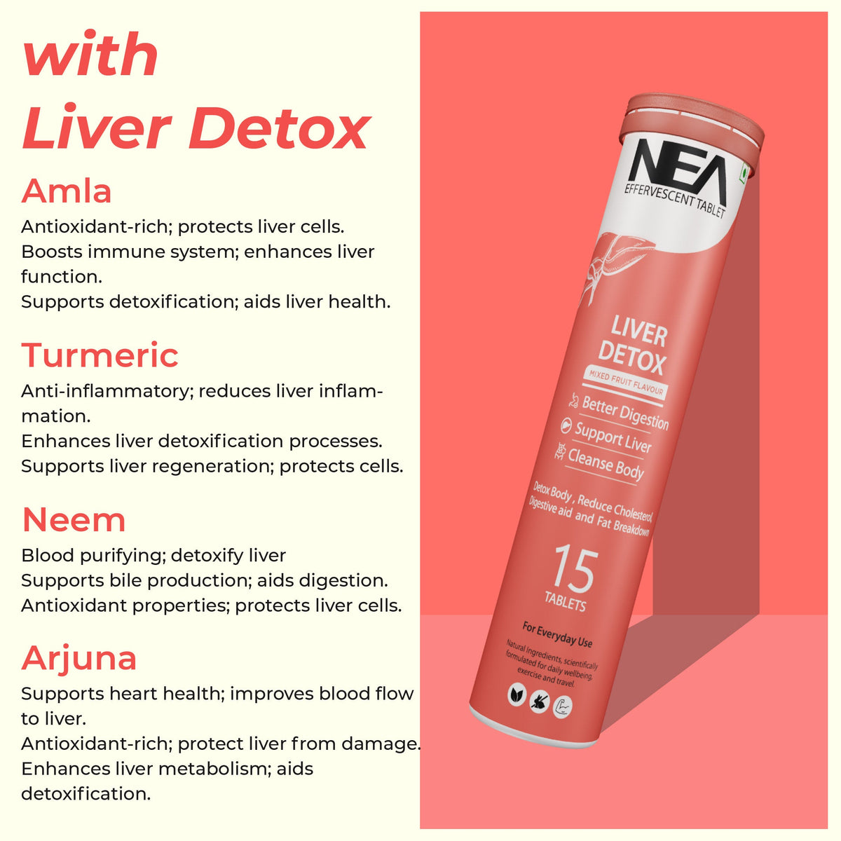 Nea Liver Detox Effervescent Tablets | 10 Super Ayurvedic Herbs | Reduce Cholesterol (15 Tablets)