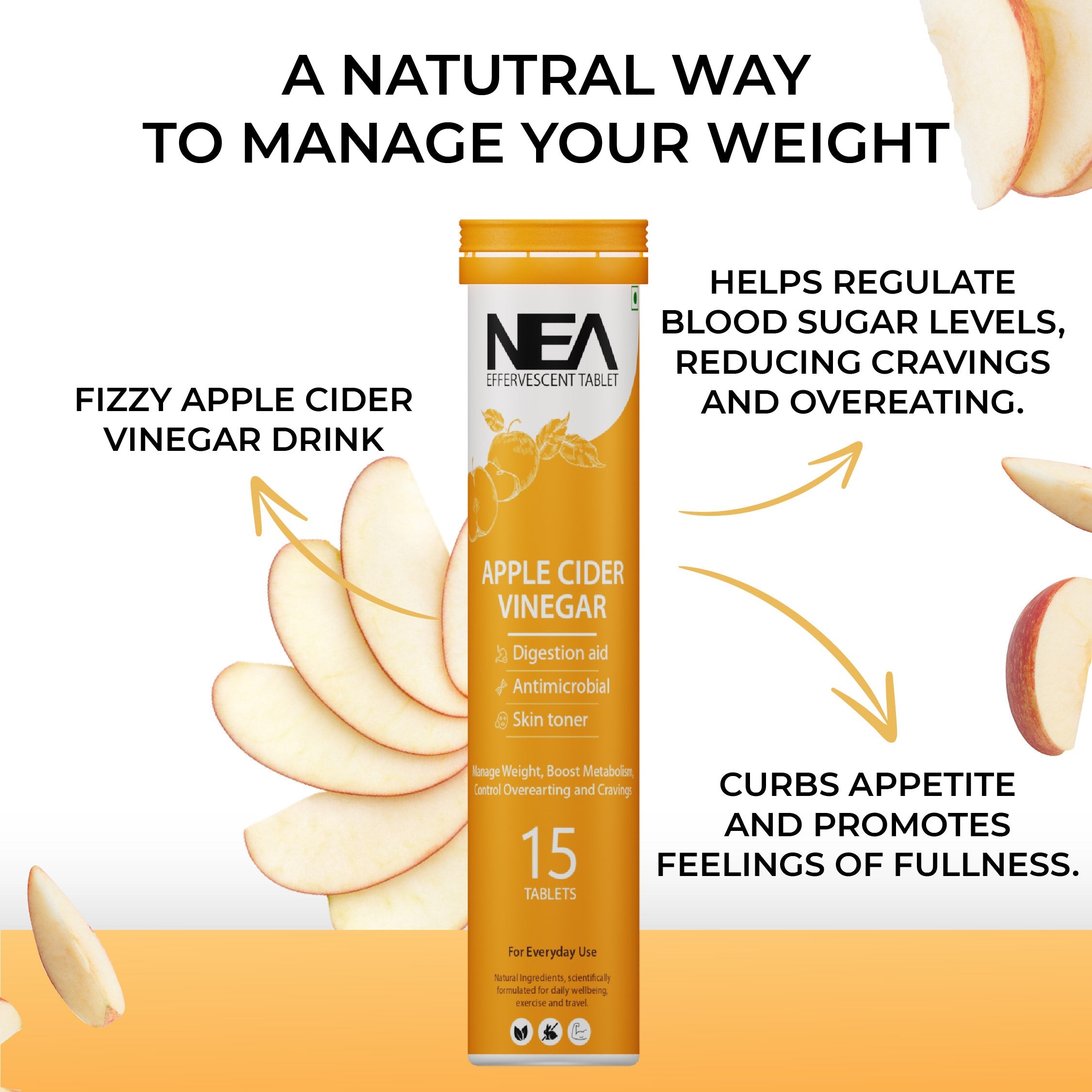 Nea Apple Cider Vinegar Effervescent Tablets | Weight Loss | Vitamin B6 & B12 |15 No  (15 Tablets)