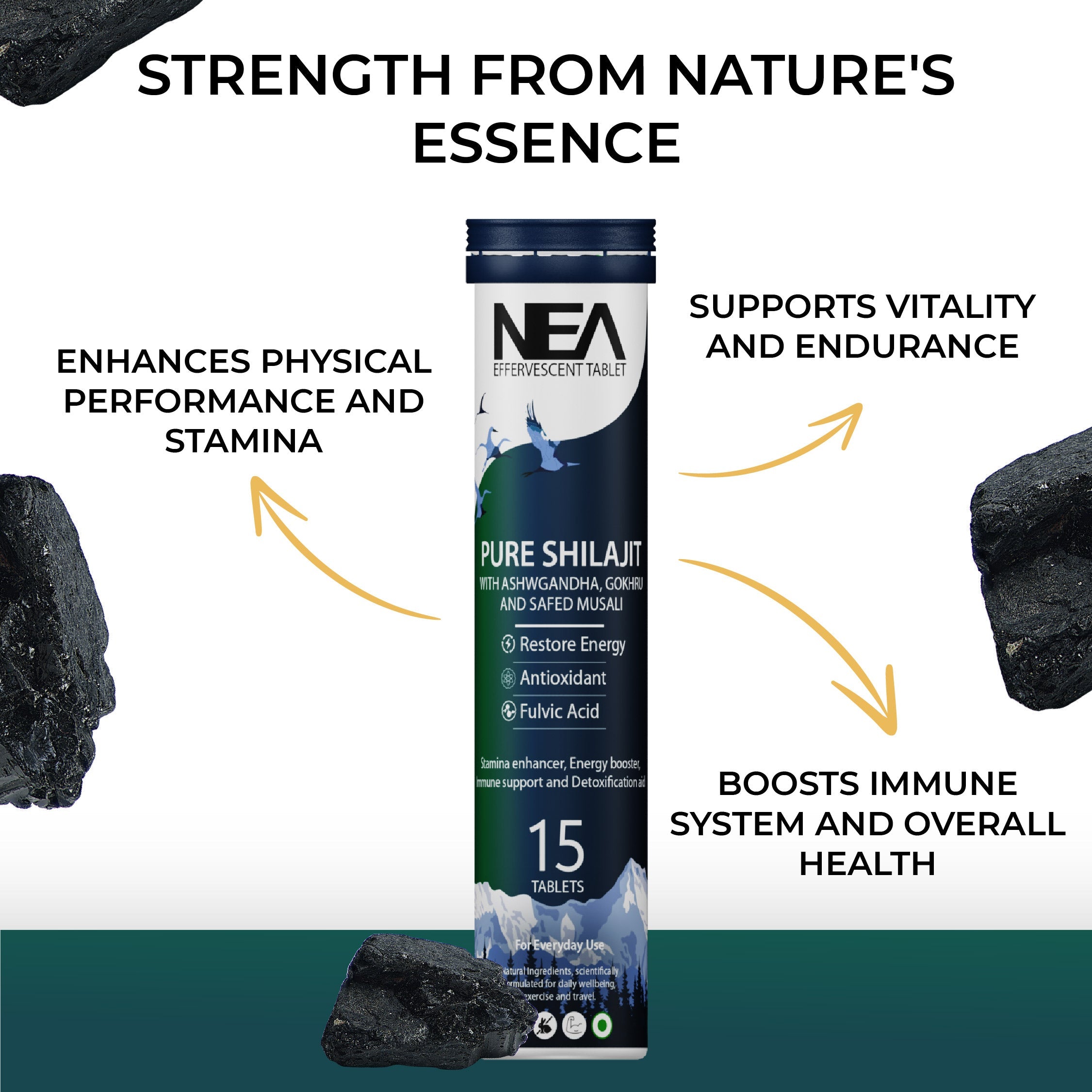 Nea Ayurvedic Himalayan Shilajit Effervescent with Ashwagandha, Safed Musli & Gokhru