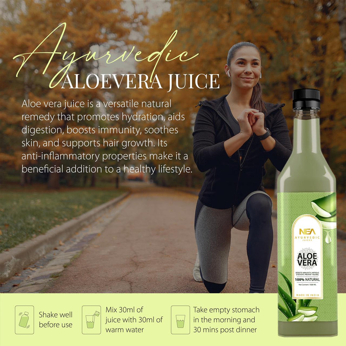 NEA एलोवेरा आयुर्वेदिक जूस - हाइड्रेशन, स्वस्थ त्वचा, बाल, एंटी-एजिंग (1000ml)