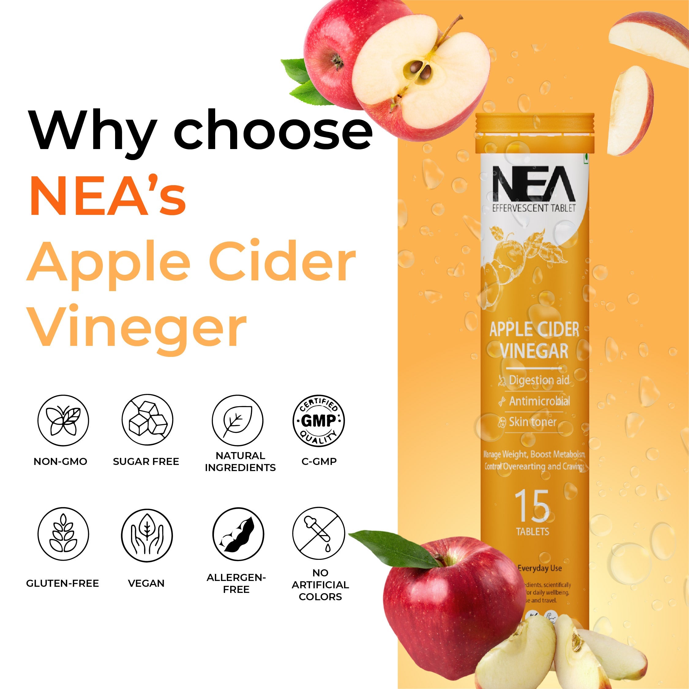 Nea Apple Cider Vinegar Effervescent Tablets | Weight Loss | Vitamin B6 & B12 |15 No  (15 Tablets)