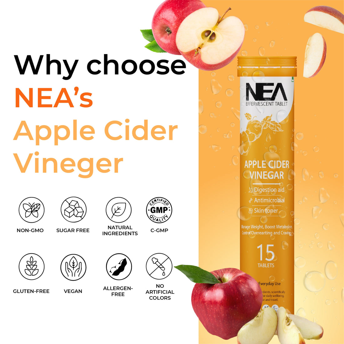 Nea Apple Cider Vinegar Effervescent گولیاں | وزن میں کمی | وٹامن B6 اور B12 | 15 نمبر (15 گولیاں)