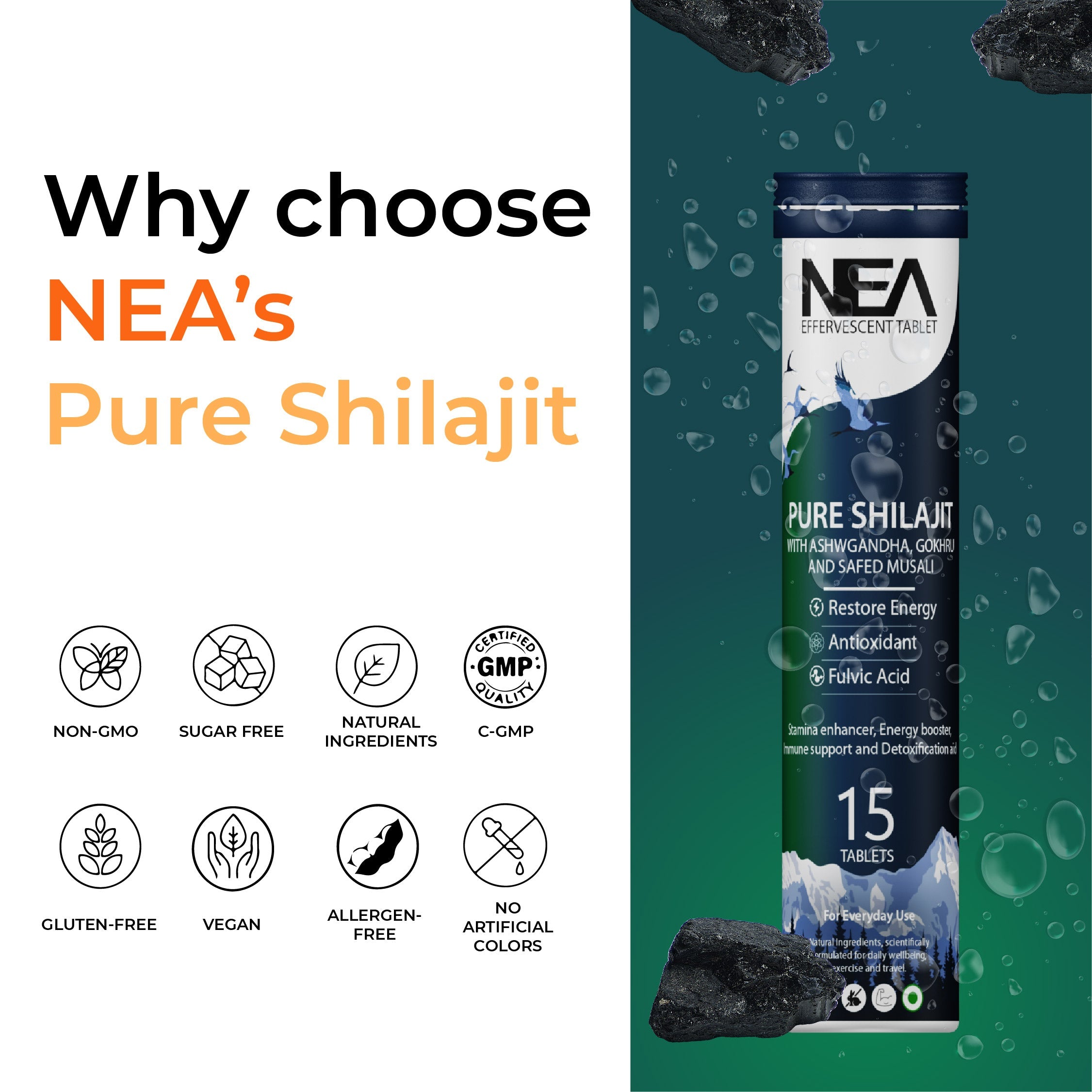 Nea Ayurvedic Himalayan Shilajit Effervescent with Ashwagandha, Safed Musli & Gokhru