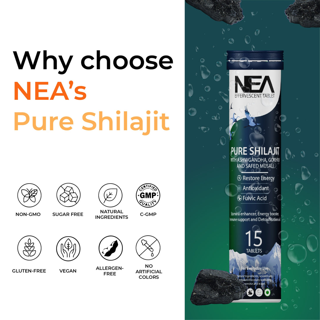 Nea Ayurvedic Himalayan Shilajit Effervescent with Ashwagandha, Safed Musli & Gokhru