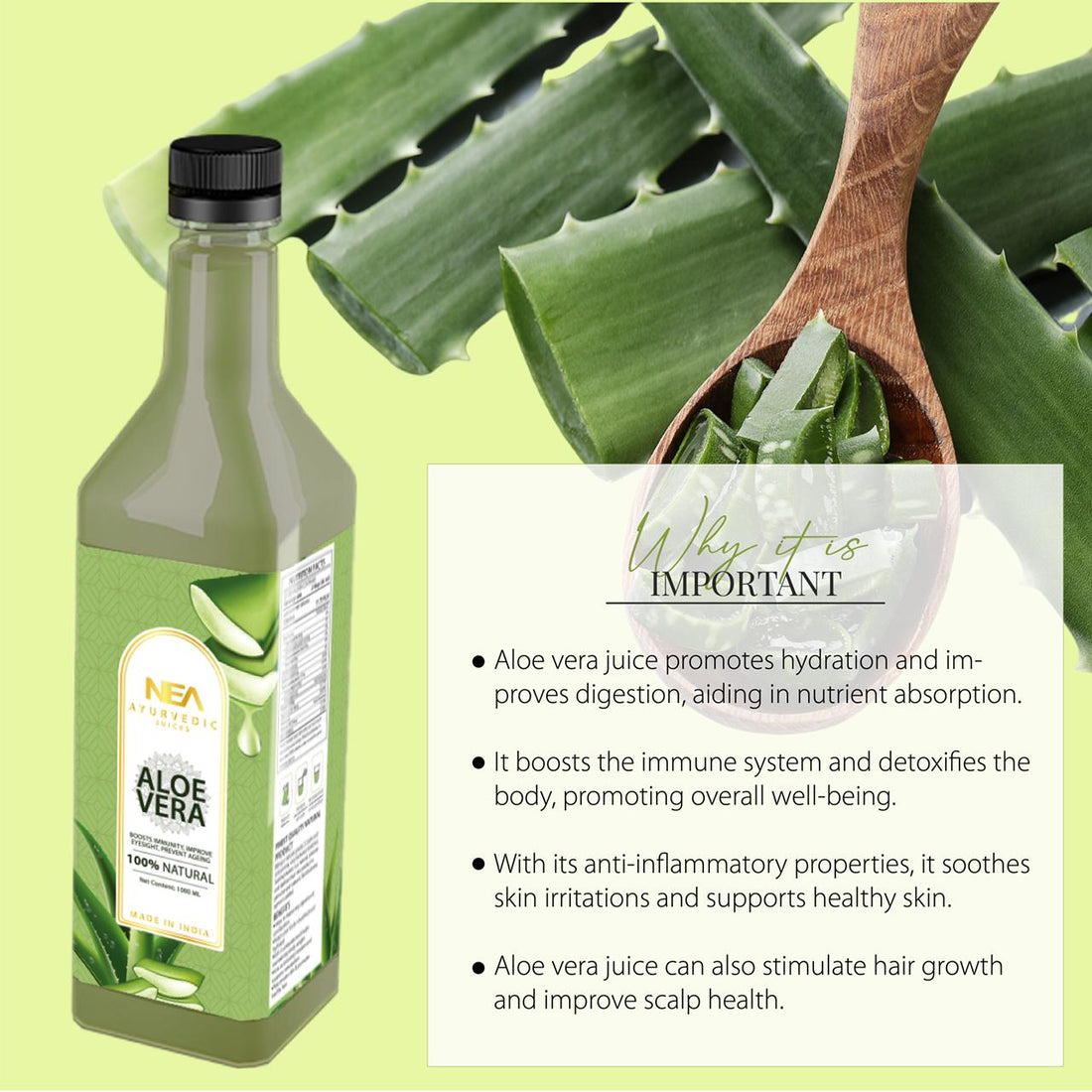 NEA एलोवेरा आयुर्वेदिक जूस - हाइड्रेशन, स्वस्थ त्वचा, बाल, एंटी-एजिंग (1000ml)