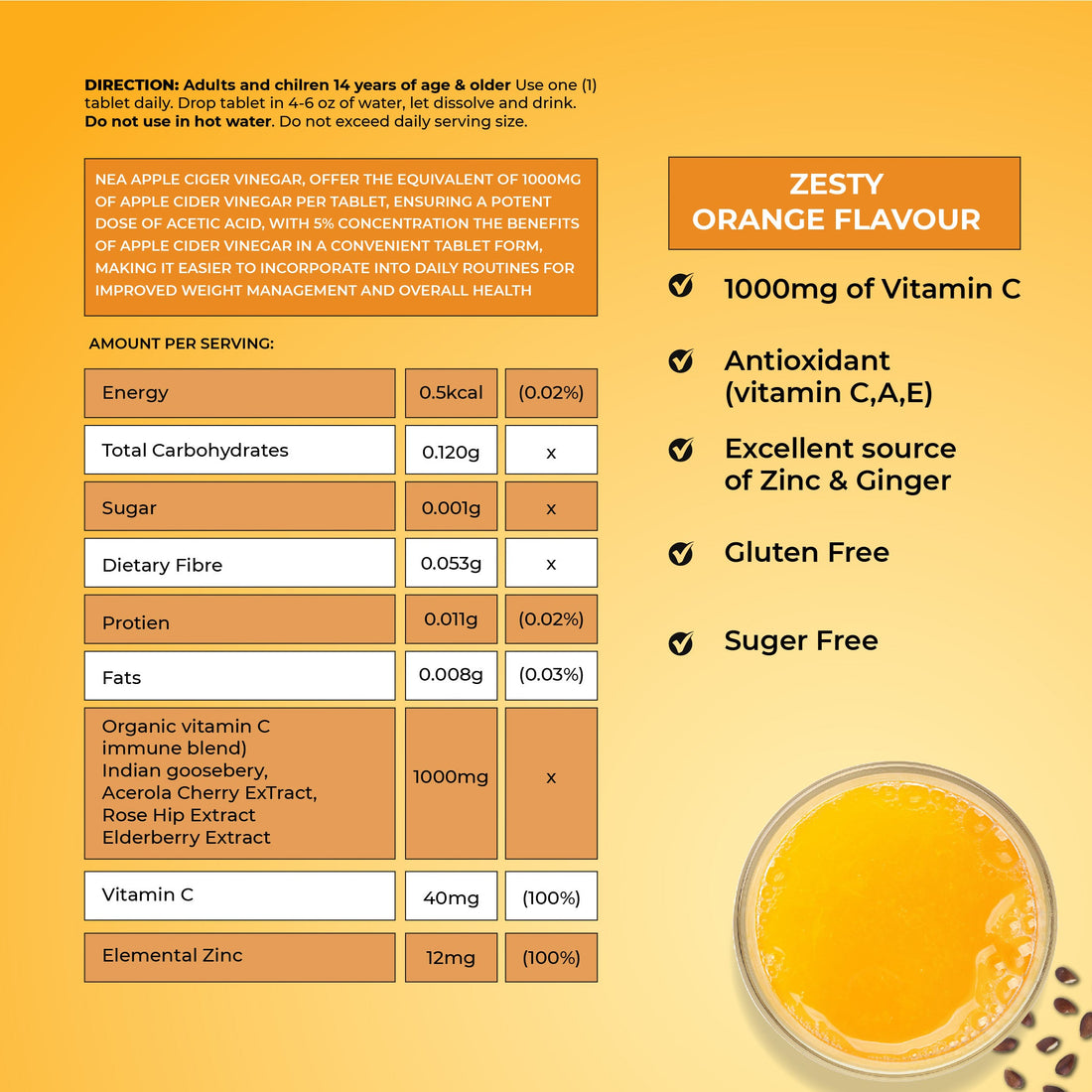 Nea Apple Cider Vinegar Effervescent گولیاں | وزن میں کمی | وٹامن B6 اور B12 | 15 نمبر (15 گولیاں)