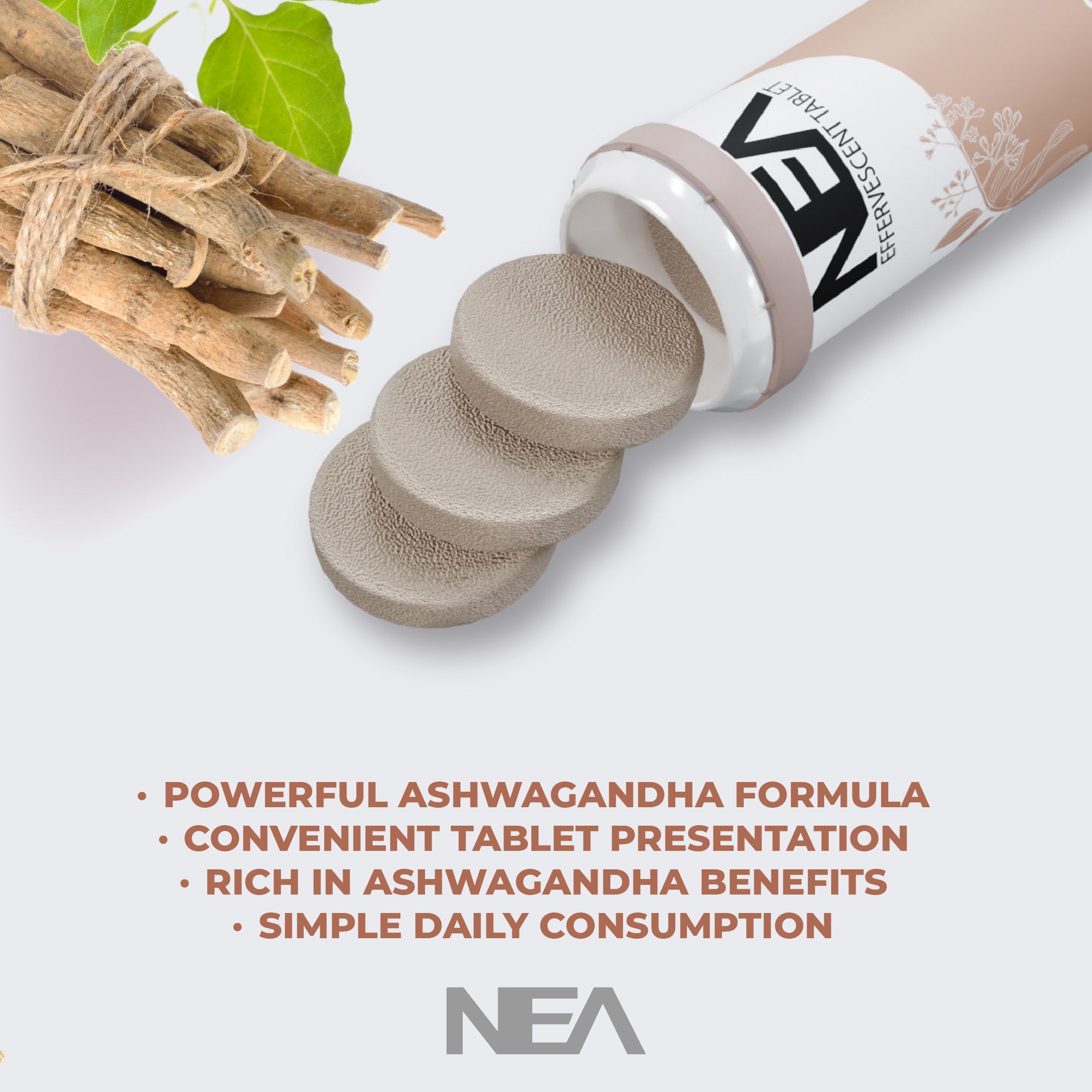 Nea Ayurvedic Ashwagandha Effervescent Tablets | Stress Relief | Boost Energy & Mind