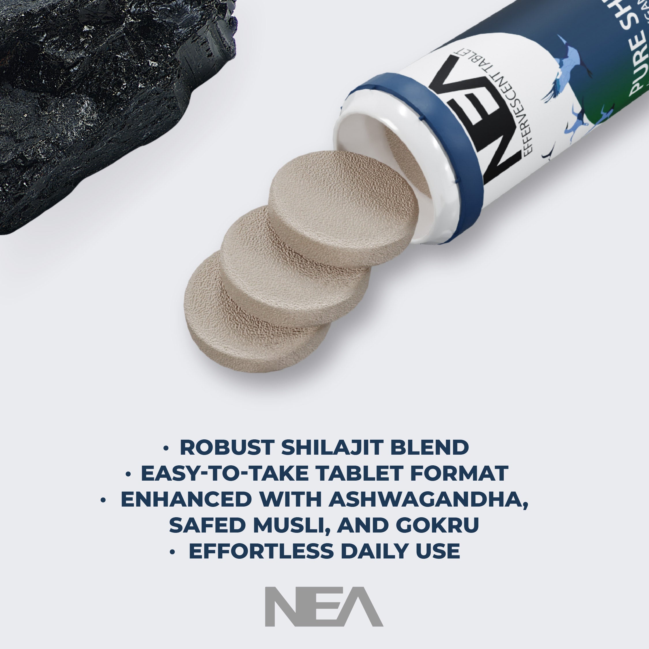 Nea Ayurvedic Himalayan Shilajit Effervescent with Ashwagandha, Safed Musli & Gokhru