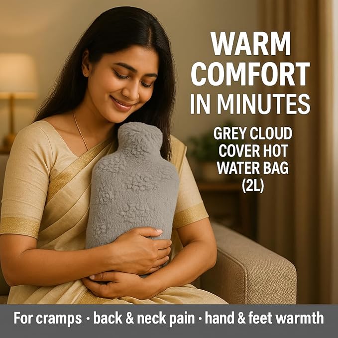 NEA Cloud Cover Hot Water Bag 2L  – Ultra-Soft Washable Plush Cover, Wide-Mouth Leak-Resistant Stopper, Anti-Slip Natural Rubber Bottle – Warmth & Pain Relief for Period Cramps, Back/Neck, Hand & Feet