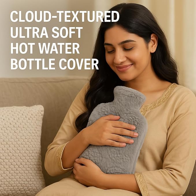 NEA Cloud Cover Hot Water Bag 2L  – Ultra-Soft Washable Plush Cover, Wide-Mouth Leak-Resistant Stopper, Anti-Slip Natural Rubber Bottle – Warmth & Pain Relief for Period Cramps, Back/Neck, Hand & Feet