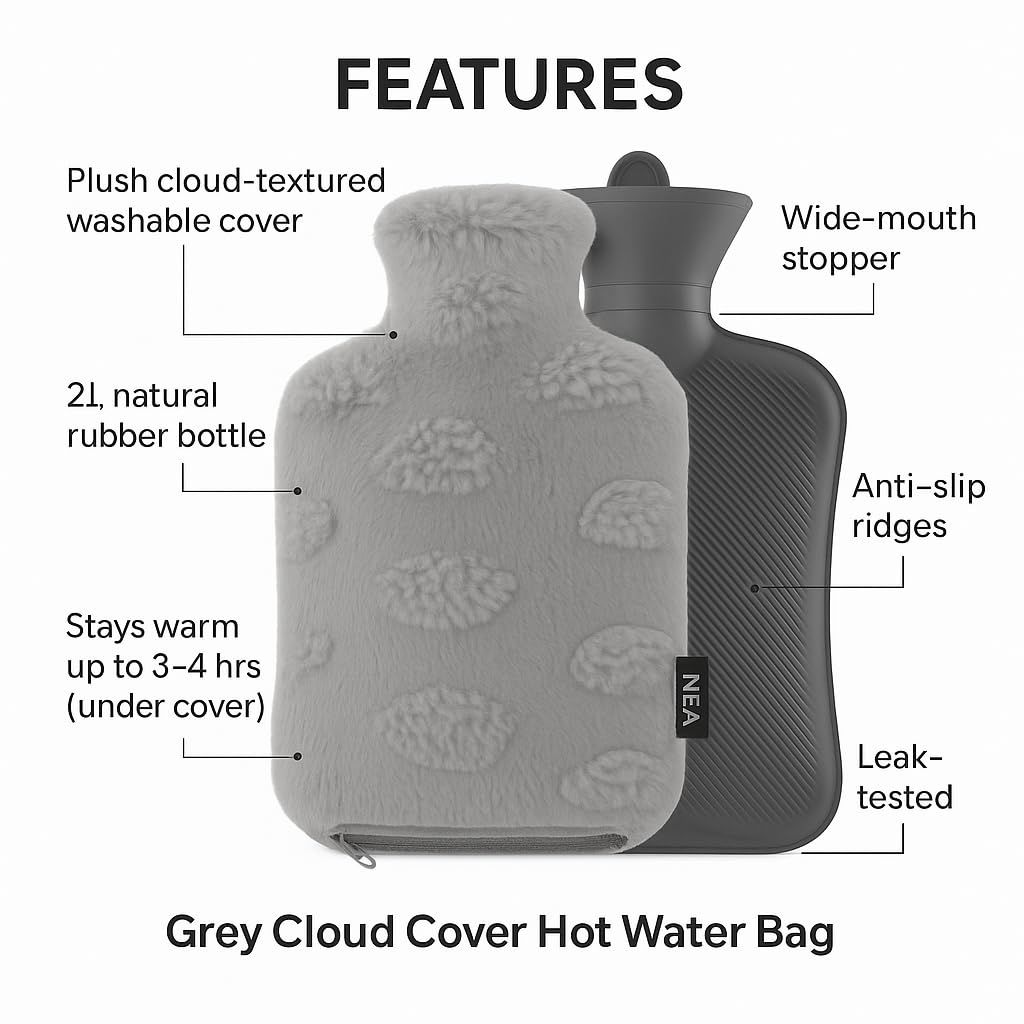 NEA Cloud Cover Hot Water Bag 2L  – Ultra-Soft Washable Plush Cover, Wide-Mouth Leak-Resistant Stopper, Anti-Slip Natural Rubber Bottle – Warmth & Pain Relief for Period Cramps, Back/Neck, Hand & Feet