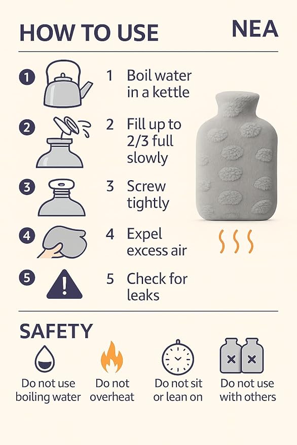 NEA Cloud Cover Hot Water Bag 2L  – Ultra-Soft Washable Plush Cover, Wide-Mouth Leak-Resistant Stopper, Anti-Slip Natural Rubber Bottle – Warmth & Pain Relief for Period Cramps, Back/Neck, Hand & Feet