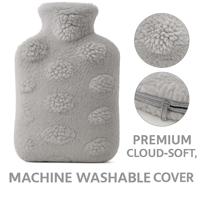 NEA Cloud Cover Hot Water Bag 2L  – Ultra-Soft Washable Plush Cover, Wide-Mouth Leak-Resistant Stopper, Anti-Slip Natural Rubber Bottle – Warmth & Pain Relief for Period Cramps, Back/Neck, Hand & Feet