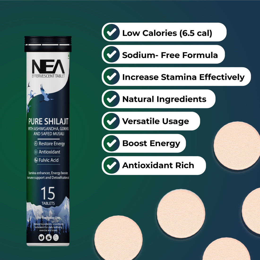 Nea Ayurvedic Himalayan Shilajit Effervescent with Ashwagandha, Safed Musli & Gokhru