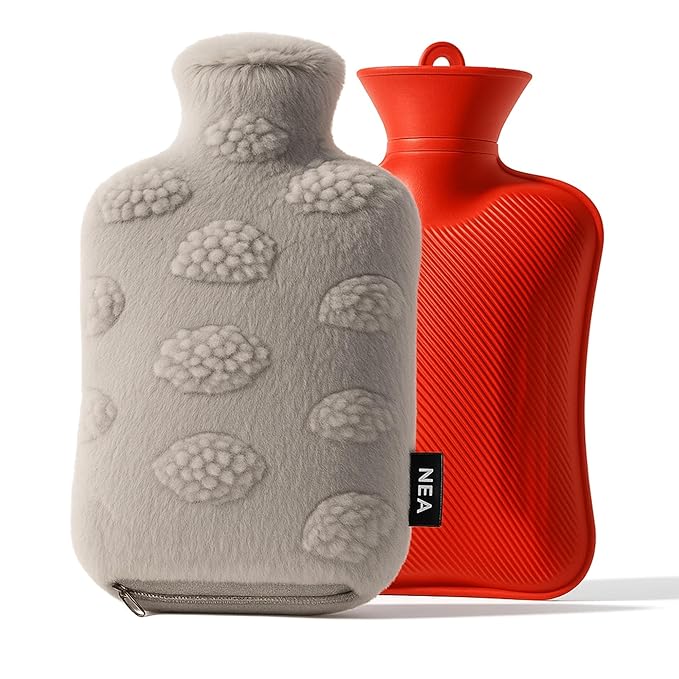 NEA Cloud Cover Hot Water Bag 2L  – Ultra-Soft Washable Plush Cover, Wide-Mouth Leak-Resistant Stopper, Anti-Slip Natural Rubber Bottle – Warmth & Pain Relief for Period Cramps, Back/Neck, Hand & Feet