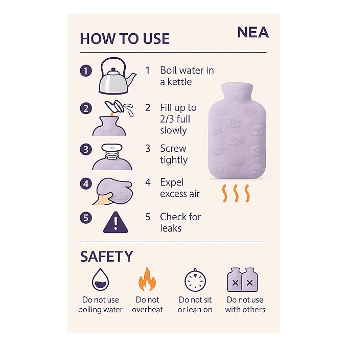 NEA Iconic Hot Water Bottle with Ultra Soft Cloud Cover (Washable), (2L) Non Electric Hot Water Bag for Hot and Cold Compress, Hand Feet Warmer, Heat Bag Ideal for Menstrual Cramps, Neck, Shoulder, Back and Joint Pain Relief, Lavender Colour