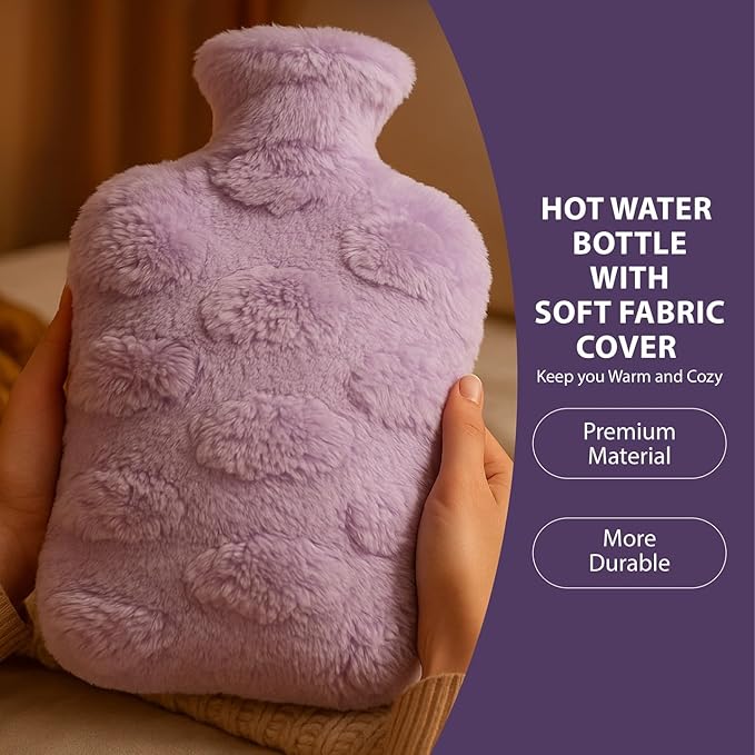 NEA Iconic Hot Water Bottle with Ultra Soft Cloud Cover (Washable), (2L) Non Electric Hot Water Bag for Hot and Cold Compress, Hand Feet Warmer, Heat Bag Ideal for Menstrual Cramps, Neck, Shoulder, Back and Joint Pain Relief, Lavender Colour