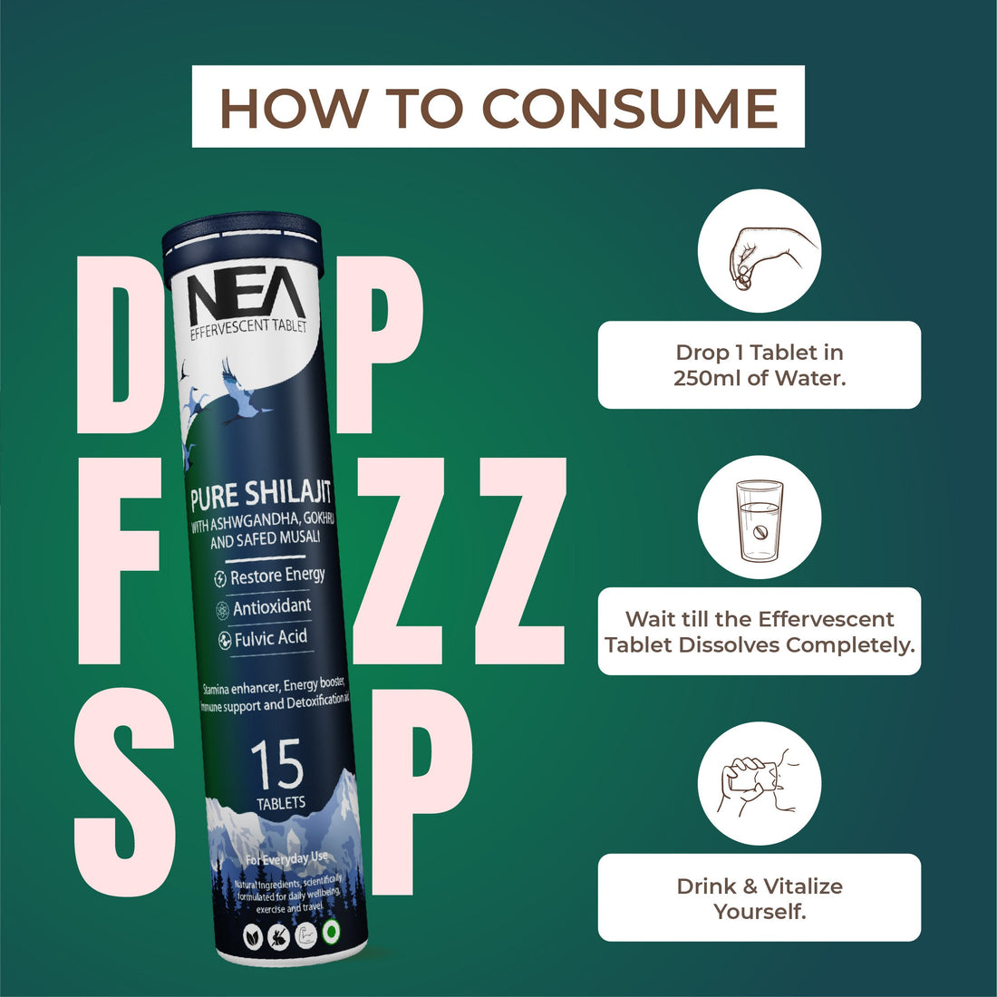 Nea Ayurvedic Himalayan Shilajit Effervescent with Ashwagandha, Safed Musli & Gokhru