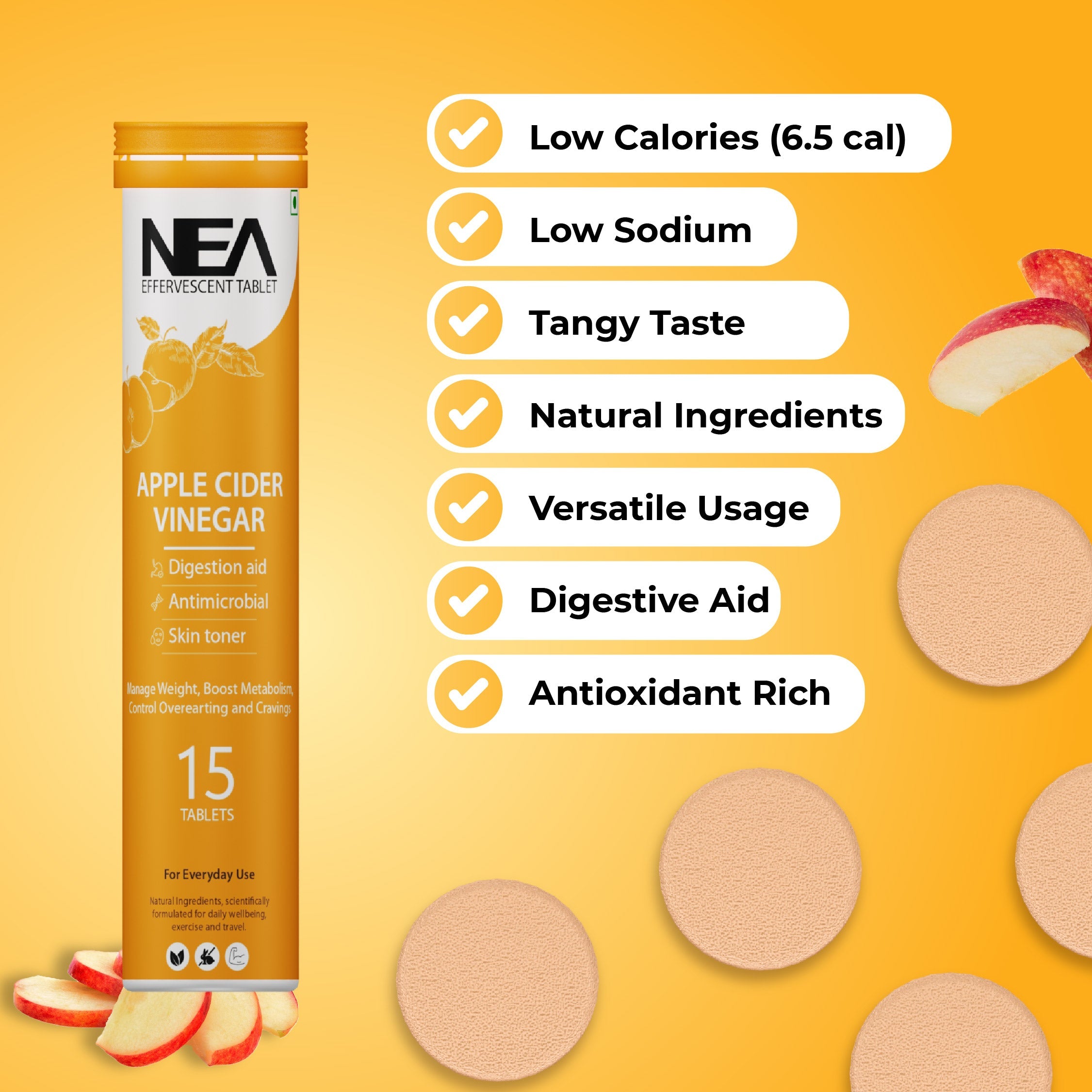Nea Apple Cider Vinegar Effervescent گولیاں | وزن میں کمی | وٹامن B6 اور B12 | 15 نمبر (15 گولیاں)