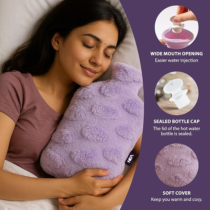 NEA Iconic Hot Water Bottle with Ultra Soft Cloud Cover (Washable), (2L) Non Electric Hot Water Bag for Hot and Cold Compress, Hand Feet Warmer, Heat Bag Ideal for Menstrual Cramps, Neck, Shoulder, Back and Joint Pain Relief, Lavender Colour