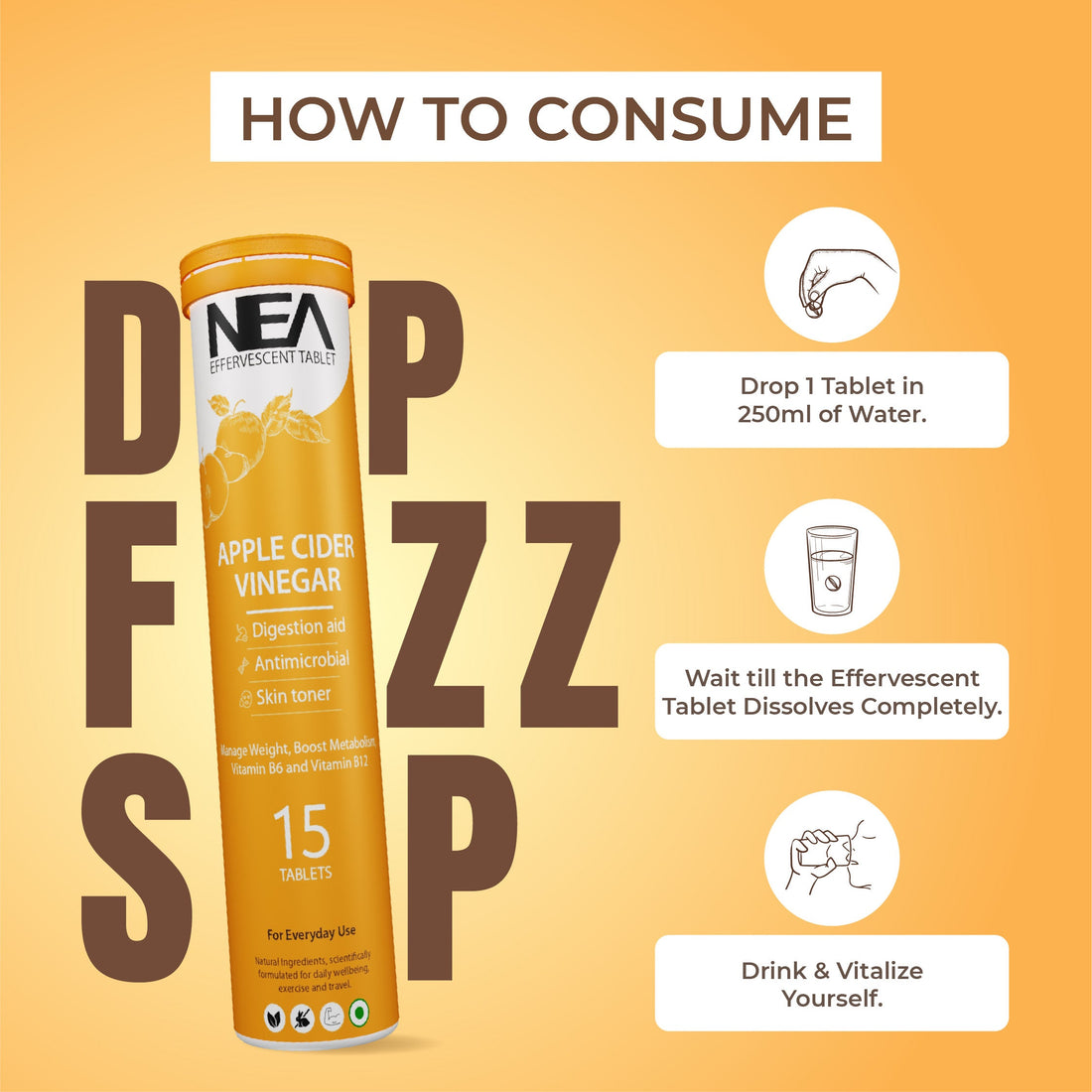 Nea Apple Cider Vinegar Effervescent گولیاں | وزن میں کمی | وٹامن B6 اور B12 | 15 نمبر (15 گولیاں)