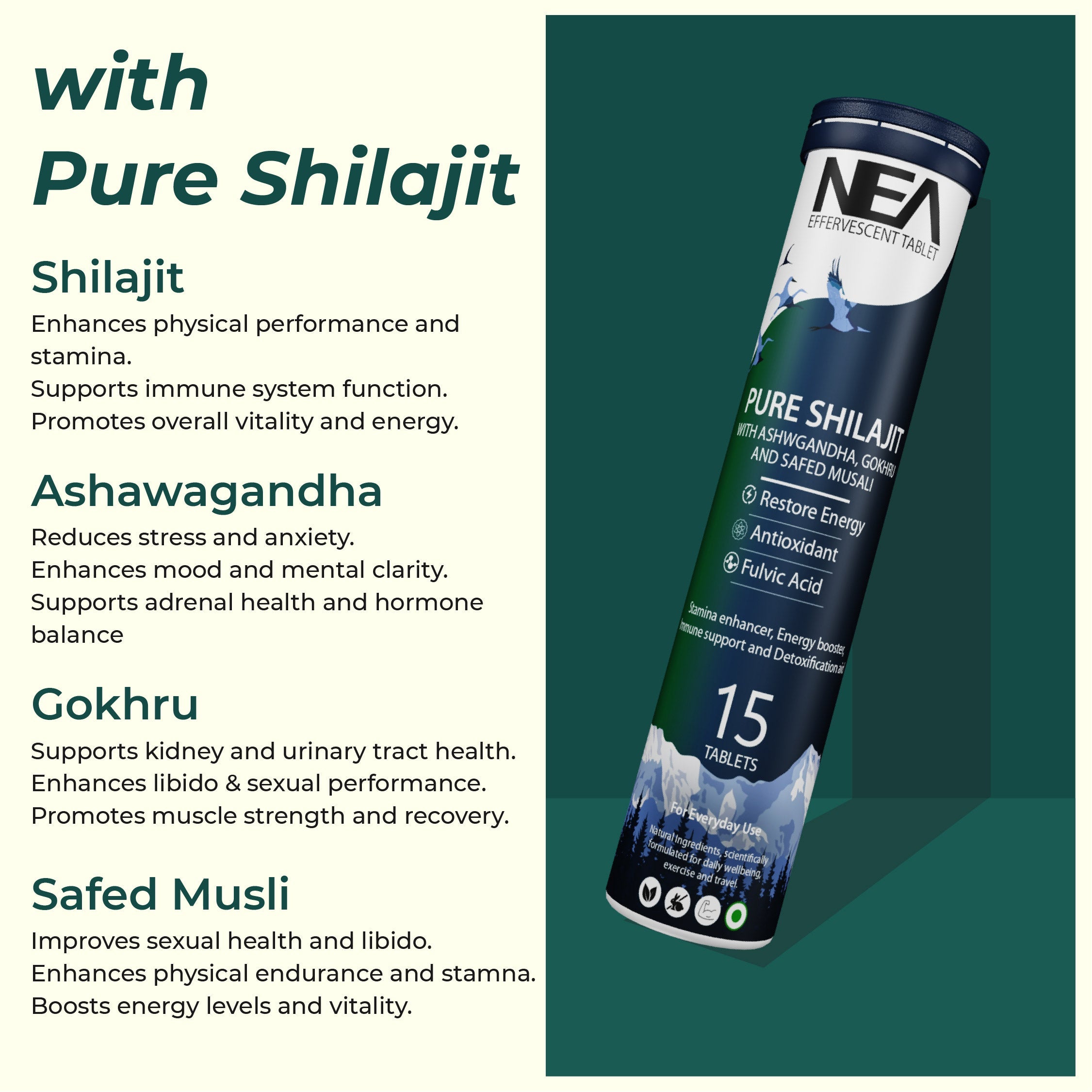 Nea Ayurvedic Himalayan Shilajit Effervescent with Ashwagandha, Safed Musli & Gokhru