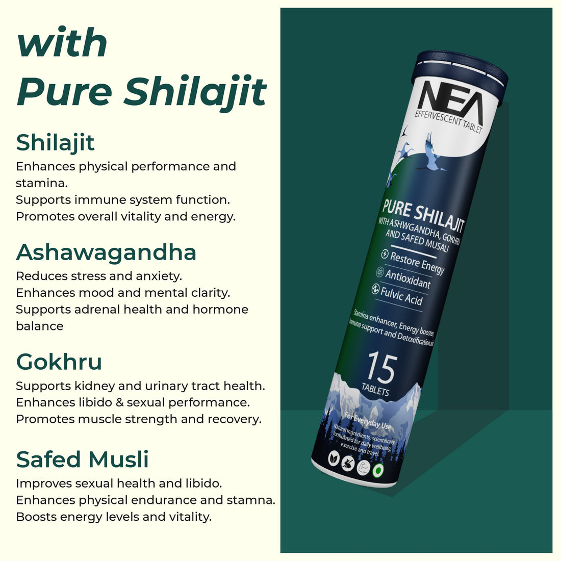 Nea Ayurvedic Himalayan Shilajit Effervescent with Ashwagandha, Safed Musli & Gokhru