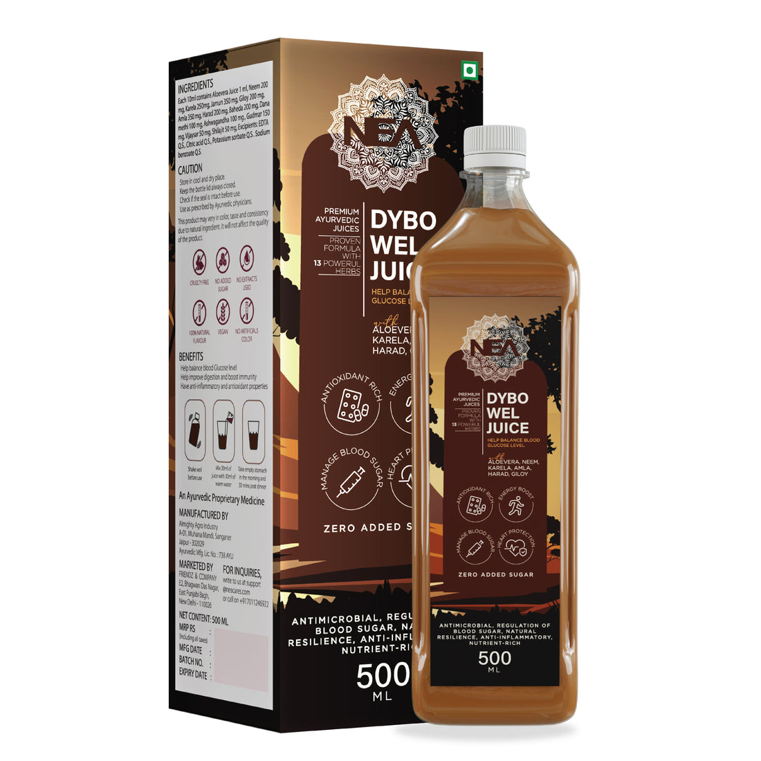 نی ڈیبو ویل آیورویدک جوس | بلڈ شوگر کو کنٹرول کریں | کریلا جامن، آملہ + 11 جڑی بوٹیاں