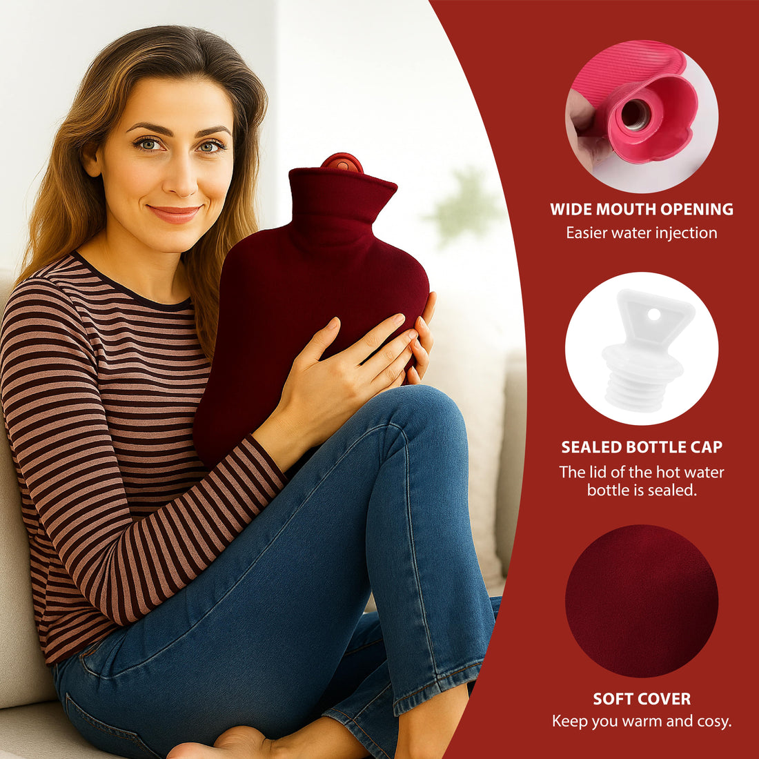 NEA Hot Water with Washable Velvet Soft Cover (2 Litre) | Leakproof Premium Bottle for Pain Relief & Winter Warmth