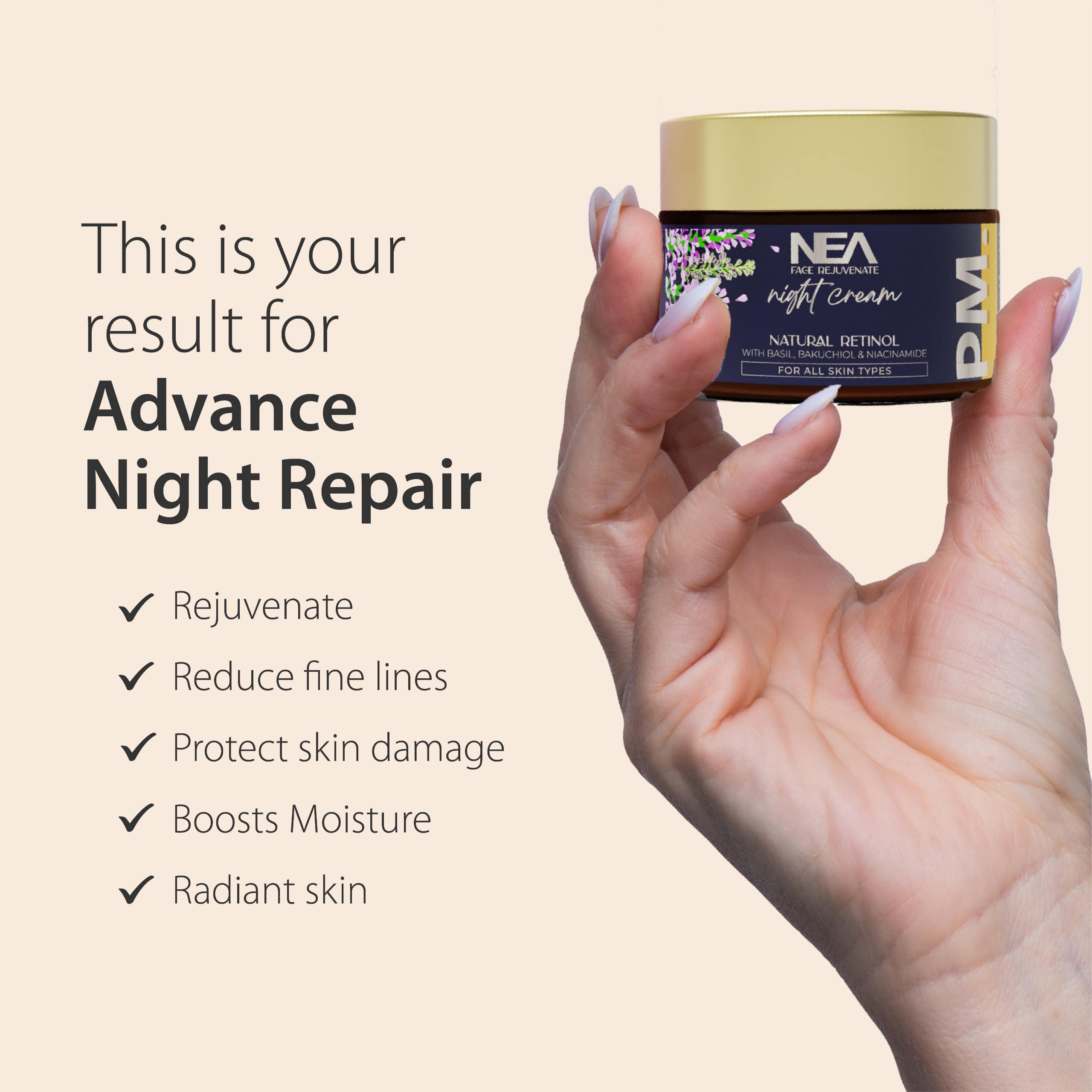 NEA Face Rejuvenate Night Cream: Natural Retinol, Bakuchiol, Niacinamide, and Ayurvedic Basil | Experience Youthful Radiance | 50 Grams