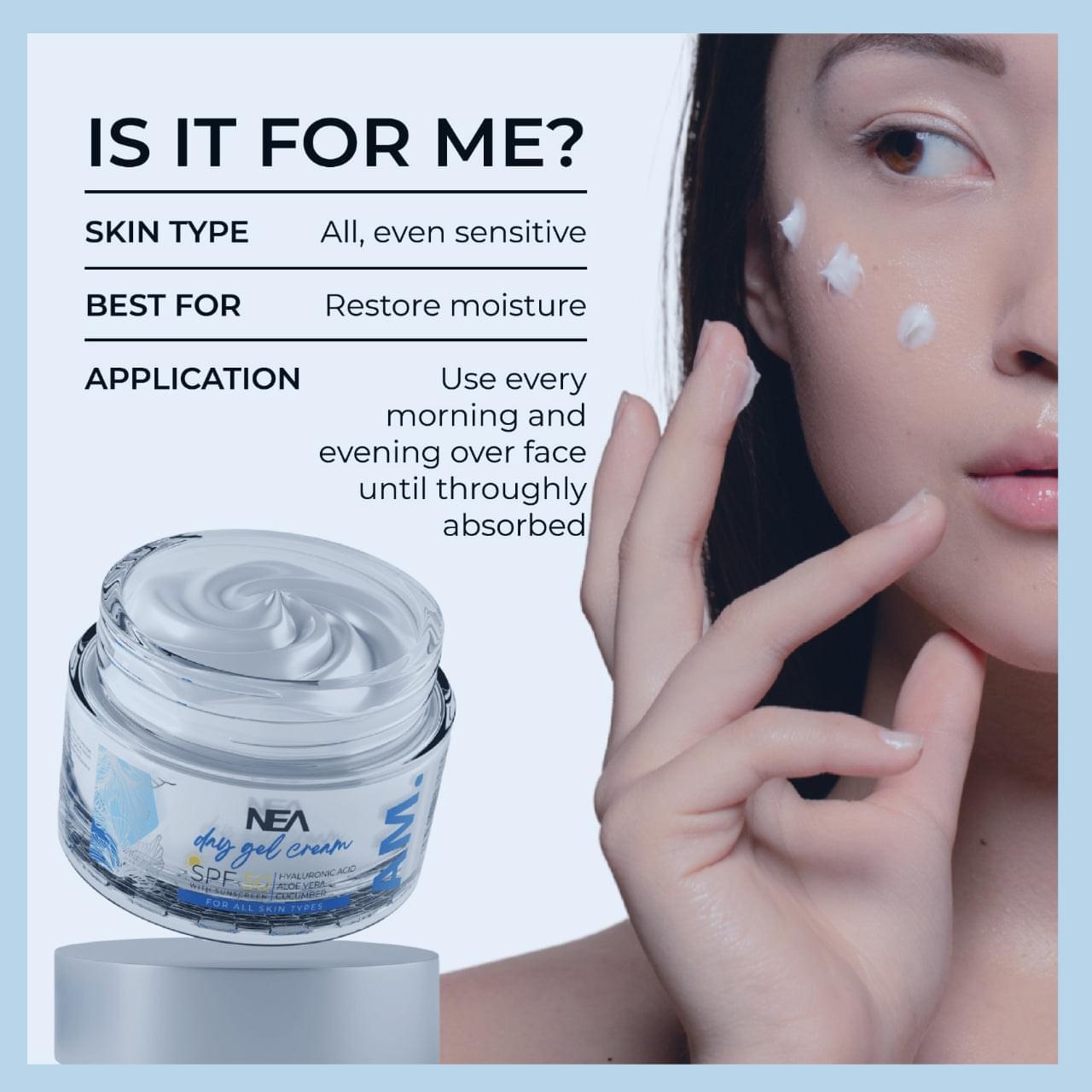 NEA Day Gel Cream SPF 50 with Cucumber, Hyaluronic Acid & Aloe Vera | All Skin Types | 50gm