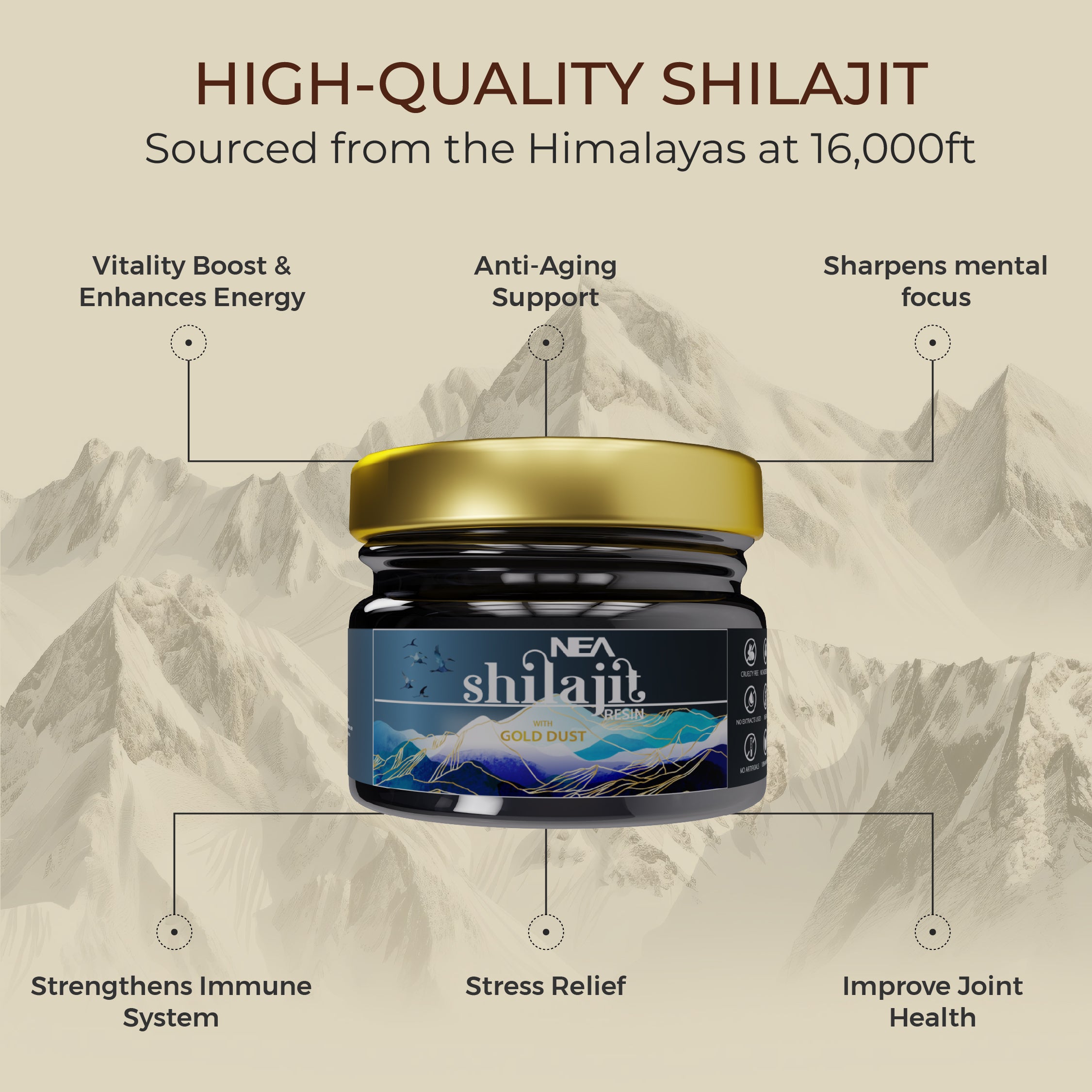 NEA Shilajit with Gold Dust For Strength, Stamina, Muscle Growth (15 gm) with 80% Fulvic