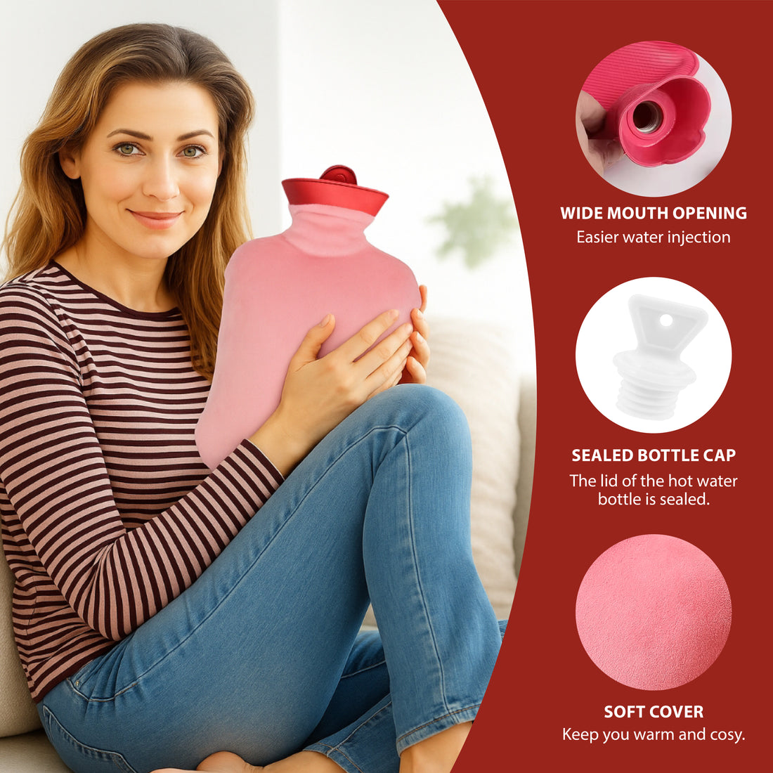 NEA Hot Water with Washable Velvet Soft Cover (2 Litre) | Leakproof Premium Bottle for Pain Relief & Winter Warmth
