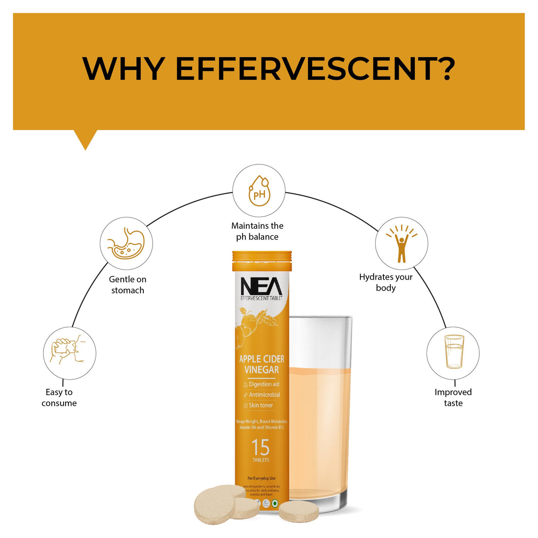 Nea Apple Cider Vinegar Effervescent گولیاں | وزن میں کمی | وٹامن B6 اور B12 | 15 نمبر (15 گولیاں)