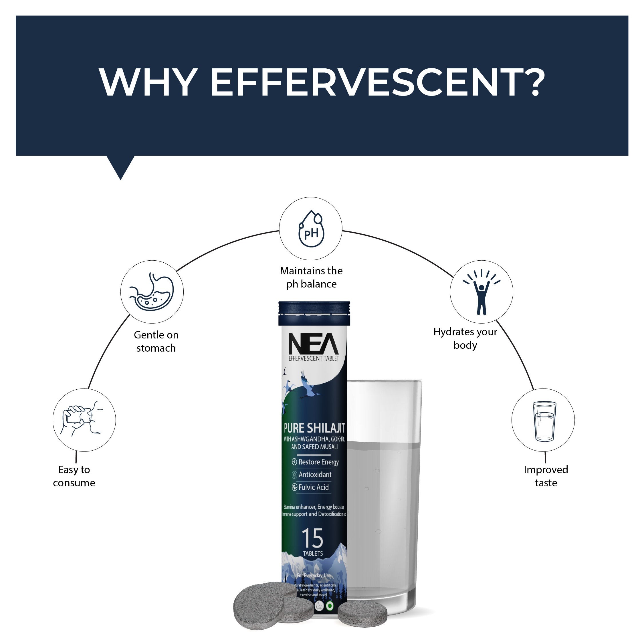 Nea Ayurvedic Himalayan Shilajit Effervescent with Ashwagandha, Safed Musli & Gokhru