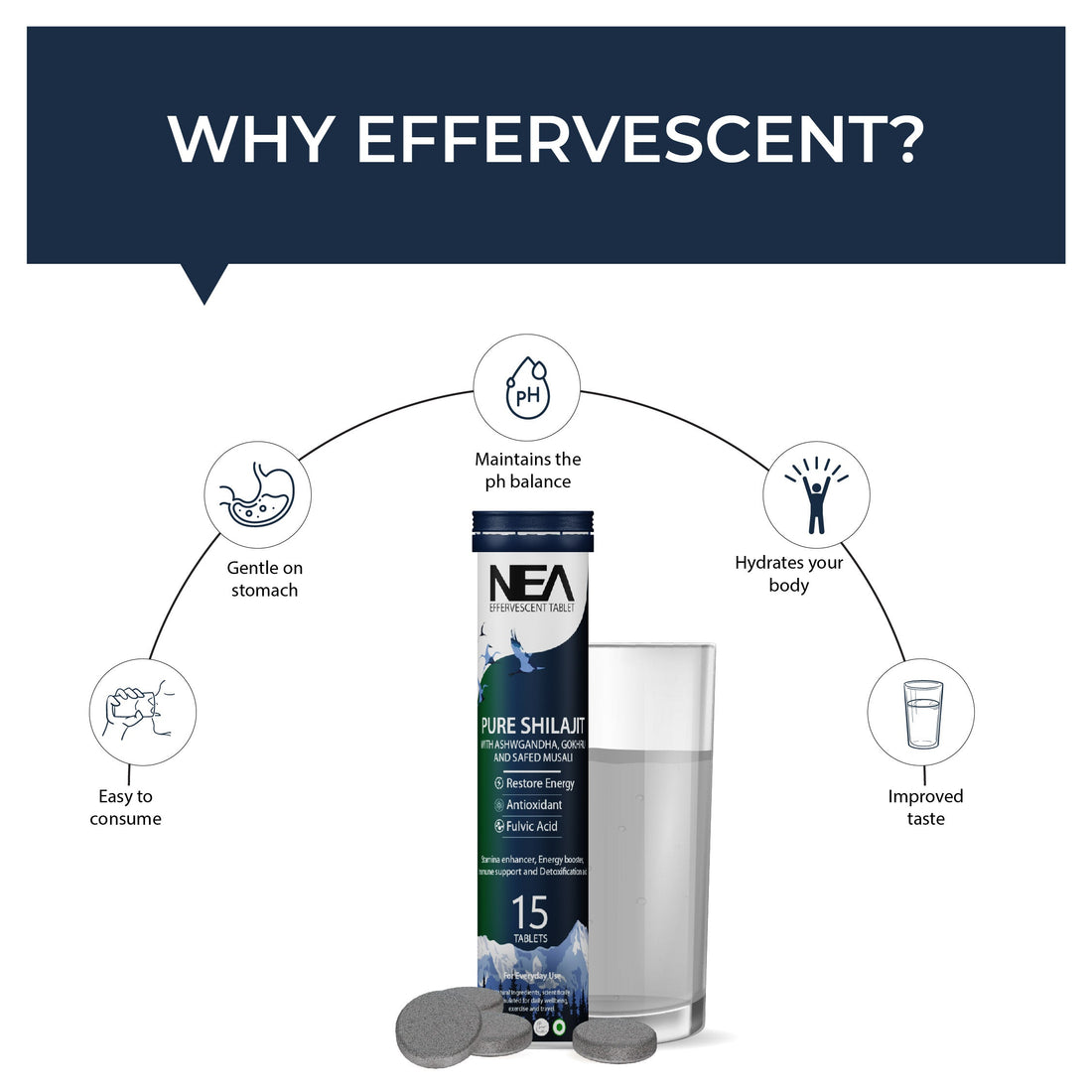 Nea Ayurvedic Himalayan Shilajit Effervescent with Ashwagandha, Safed Musli & Gokhru